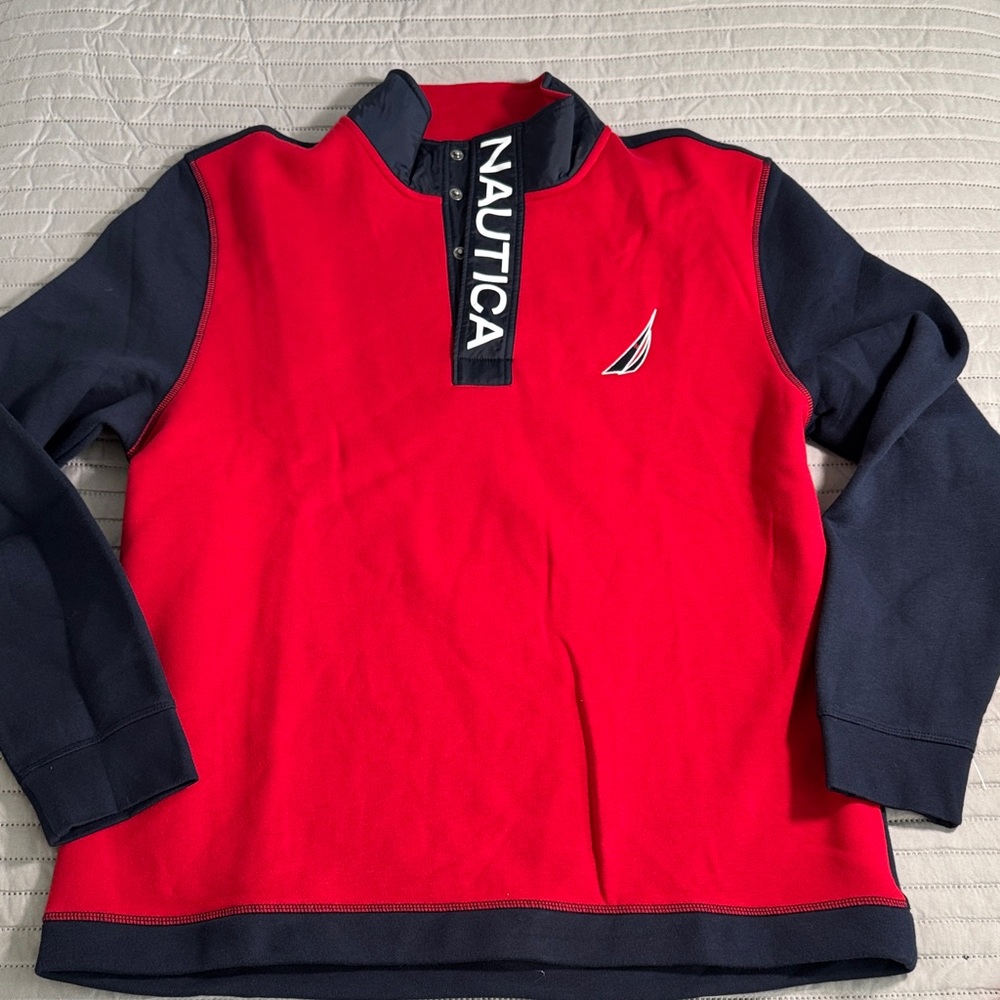 Nautica mens Red & Navy Quarter-snap button Pullover ski fleece sweater Sz xl